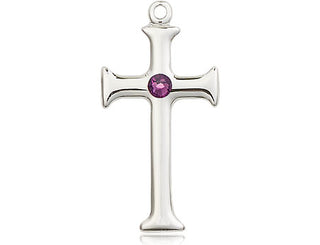 Sterling Silver Cross Pendant with a 3mm Amethyst Swarovski stone on an 18-inch Sterling Silver Light Curb Chain Engraved Catholic Saint Jewelry