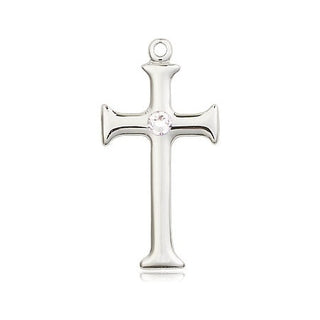 Sterling Silver Cross Pendant with a 3mm Crystal Swarovski stone on an 18-inch Sterling Silver Light Curb Chain Engraved Catholic Saint Jewelry