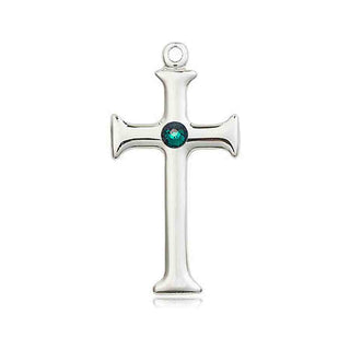 Sterling Silver Cross Pendant with a 3mm Emerald Swarovski stone on an 18-inch Sterling Silver Light Curb Chain Engraved Catholic Saint Jewelry