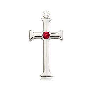 Sterling Silver Cross Pendant with a 3mm Ruby Swarovski stone on an 18-inch Sterling Silver Light Curb Chain Engraved Catholic Saint Jewelry
