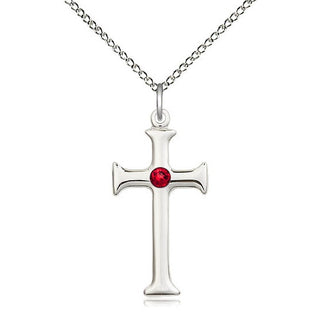 Sterling Silver Cross | 3mm Ruby Swarovski stone | 18-inch Sterling Silver Chain | Engravable