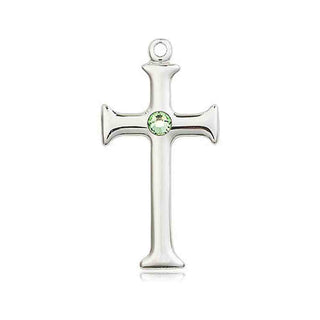 Sterling Silver Cross Pendant with a 3mm Peridot Swarovski stone on an 18-inch Sterling Silver Light Curb Chain Engraved Catholic Saint Jewelry