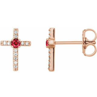 14K Rose Natural Ruby & .05 CTW Natural Diamond Cross Earrings