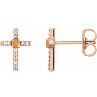 14K Rose Natural Citrine & .05 CTW Natural Diamond Cross Earrings