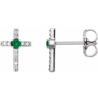 14K White Natural Emerald & .05 CTW Natural Diamond Cross Earrings