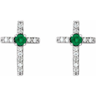 14K White Natural Emerald & .05 CTW Natural Diamond Cross Earrings