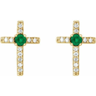 14K Yellow Natural Emerald & .05 CTW Natural Diamond Cross Earrings