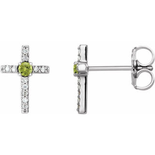 14K White Natural Peridot & .05 CTW Natural Diamond Cross Earrings