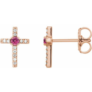 14K Rose Natural Pink Tourmaline & .05 CTW Natural Diamond Cross Earrings
