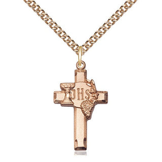 14kt Gold Filled Cross w/IHS Grapes Medal Catholic Jewelry Engraved Catholic Saint Jewelry