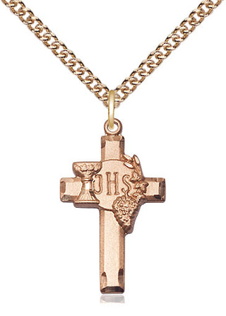 14kt Gold Cross w/IHS Grapes Medal Engraved Catholic Saint Jewelry