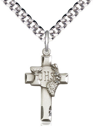 Pewter Cross w/IHS Grapes Medal Catholic Jewelry Engraved Catholic Saint Jewelry