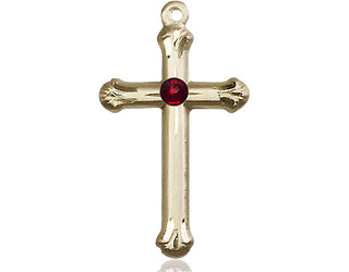 14kt Gold Filled Cross Pendant with a 3mm Garnet Swarovski stone on an 18-inch Gold Filled Light Curb Chain Engraved Catholic Saint Jewelry