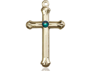 14kt Gold Filled Cross Pendant with a 3mm Emerald Swarovski stone on an 18-inch Gold Filled Light Curb Chain Engraved Catholic Saint Jewelry
