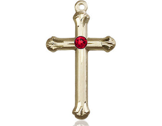 14kt Gold Filled Cross Pendant with a 3mm Ruby Swarovski stone on an 18-inch Gold Filled Light Curb Chain Engraved Catholic Saint Jewelry