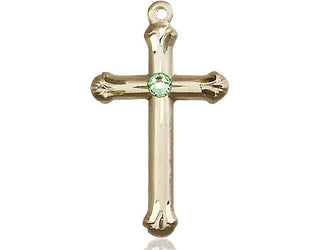 14kt Gold Filled Cross Pendant with a 3mm Peridot Swarovski stone on an 18-inch Gold Filled Light Curb Chain Engraved Catholic Saint Jewelry