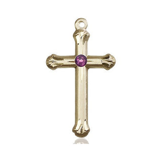 14kt Gold Cross Medal with a 3mm Amethyst Swarovski stone Engraved Catholic Saint Jewelry