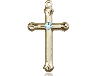 14kt Gold Cross Medal with a 3mm Aqua Swarovski stone Engraved Catholic Saint Jewelry