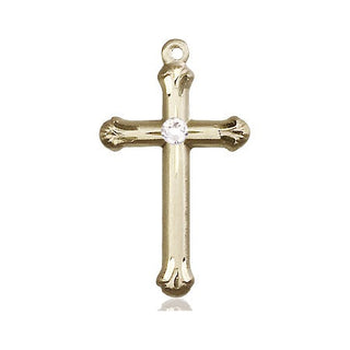 14kt Gold Cross Medal with a 3mm Crystal Swarovski stone Engraved Catholic Saint Jewelry