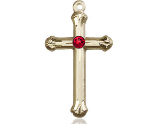 14kt Gold Cross Medal with a 3mm Ruby Swarovski stone Engraved Catholic Saint Jewelry
