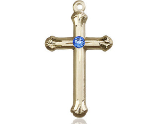 14kt Gold Cross Medal with a 3mm Sapphire Swarovski stone Engraved Catholic Saint Jewelry
