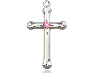 Sterling Silver Cross Pendant with a 3mm Rose Swarovski stone on an 18-inch Sterling Silver Light Curb Chain Engraved Catholic Saint Jewelry