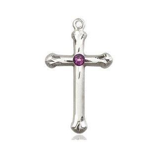 Sterling Silver Cross Pendant with a 3mm Amethyst Swarovski stone on an 18-inch Sterling Silver Light Curb Chain Engraved Catholic Saint Jewelry