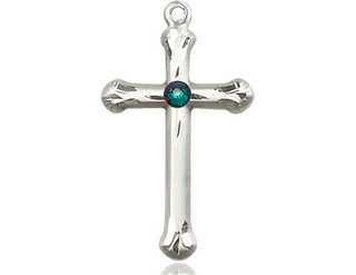 Sterling Silver Cross Pendant with a 3mm Emerald Swarovski stone on an 18-inch Sterling Silver Light Curb Chain Engraved Catholic Saint Jewelry