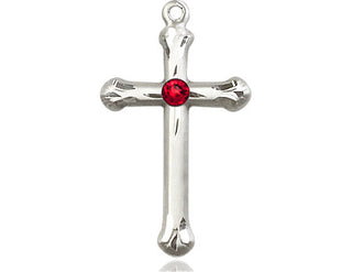 Sterling Silver Cross Pendant with a 3mm Ruby Swarovski stone on an 18-inch Sterling Silver Light Curb Chain Engraved Catholic Saint Jewelry