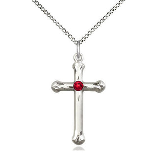 Sterling Silver Cross | 3mm Ruby Swarovski stone | 18-inch Sterling Silver Chain | Engravable