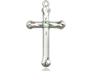 Sterling Silver Cross Pendant with a 3mm Peridot Swarovski stone on an 18-inch Sterling Silver Light Curb Chain Engraved Catholic Saint Jewelry