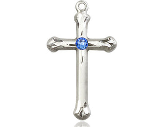 Sterling Silver Cross Pendant with a 3mm Sapphire Swarovski stone on an 18-inch Sterling Silver Light Curb Chain Engraved Catholic Saint Jewelry