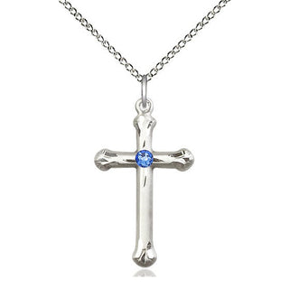 Sterling Silver Cross | 3mm Sapphire Swarovski stone | 18-inch Sterling Silver Chain | Engravable