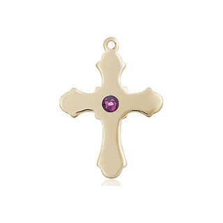 14kt Gold Filled Cross Pendant with a 3mm Amethyst Swarovski stone on an 18-inch Gold Filled Light Curb Chain