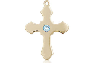 14kt Gold Filled Cross Pendant with a 3mm Aqua Swarovski stone on an 18-inch Gold Filled Light Curb Chain