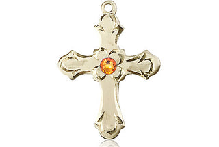 14kt Gold Filled Cross Pendant with a 3mm Topaz Swarovski stone on an 18-inch Gold Filled Light Curb Chain Engraved Catholic Saint Jewelry