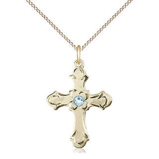 14kt Gold Filled Cross | 3mm Aqua Swarovski stone | 18-inch Gold Filled Chain | Engravable