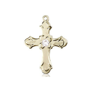 14kt Gold Filled Cross Pendant with a 3mm Crystal Swarovski stone on an 18-inch Gold Filled Light Curb Chain Engraved Catholic Saint Jewelry
