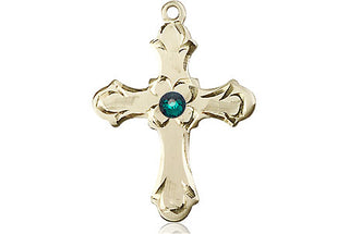 14kt Gold Filled Cross Pendant with a 3mm Emerald Swarovski stone on an 18-inch Gold Filled Light Curb Chain Engraved Catholic Saint Jewelry