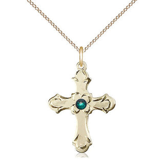 14kt Gold Filled Cross | 3mm Emerald Swarovski stone | 18-inch Gold Filled Chain | Engravable