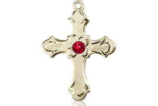 14kt Gold Filled Cross Pendant with a 3mm Ruby Swarovski stone on an 18-inch Gold Filled Light Curb Chain Engraved Catholic Saint Jewelry