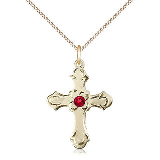 14kt Gold Filled Cross | 3mm Ruby Swarovski stone | 18-inch Gold Filled Chain | Engravable