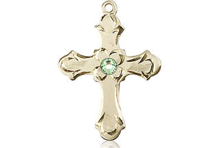 14kt Gold Filled Cross Pendant with a 3mm Peridot Swarovski stone on an 18-inch Gold Filled Light Curb Chain Engraved Catholic Saint Jewelry