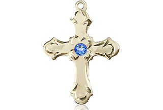 14kt Gold Filled Cross Pendant with a 3mm Sapphire Swarovski stone on an 18-inch Gold Filled Light Curb Chain Engraved Catholic Saint Jewelry