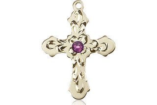 14kt Gold Filled Cross Pendant with a 3mm Amethyst Swarovski stone on an 18-inch Gold Filled Light Curb Chain Engraved Catholic Saint Jewelry