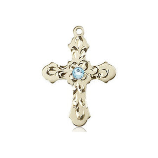 14kt Gold Filled Cross Pendant with a 3mm Aqua Swarovski stone on an 18-inch Gold Filled Light Curb Chain Engraved Catholic Saint Jewelry