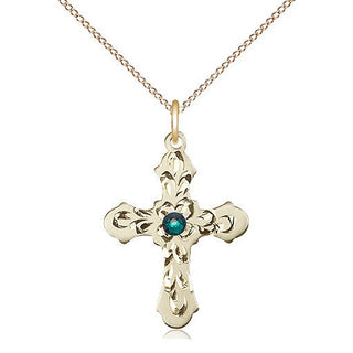 14kt Gold Filled Cross | 3mm Emerald Swarovski stone | 18-inch Gold Filled Chain | Engravable
