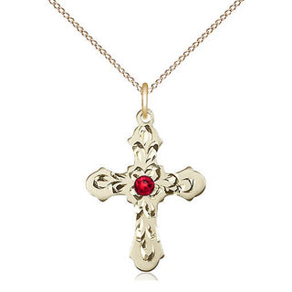 14kt Gold Filled Cross | 3mm Ruby Swarovski stone | 18-inch Gold Filled Chain | Engravable