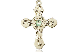 14kt Gold Filled Cross Pendant with a 3mm Peridot Swarovski stone on an 18-inch Gold Filled Light Curb Chain Engraved Catholic Saint Jewelry
