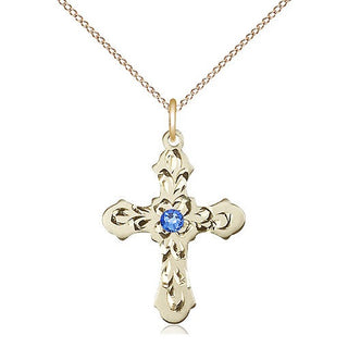 14kt Gold Filled Cross | 3mm Sapphire Swarovski stone | 18-inch Gold Filled Chain | Engravable